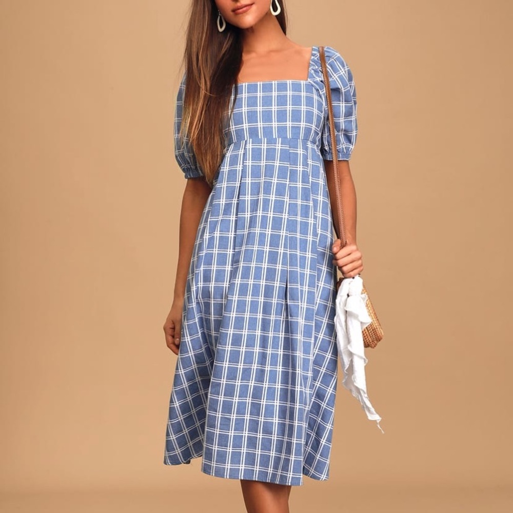 Lulu’s Seaside Breeze Blue Plaid Puff Sleeve Midi Dress xs